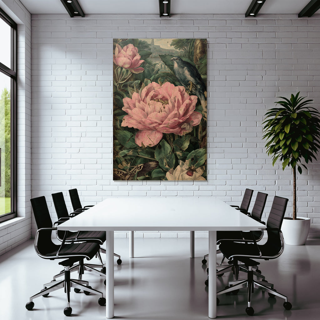 Vibrante Pink Blumen Und Insekten Mit Vogel Im Hintergrund
