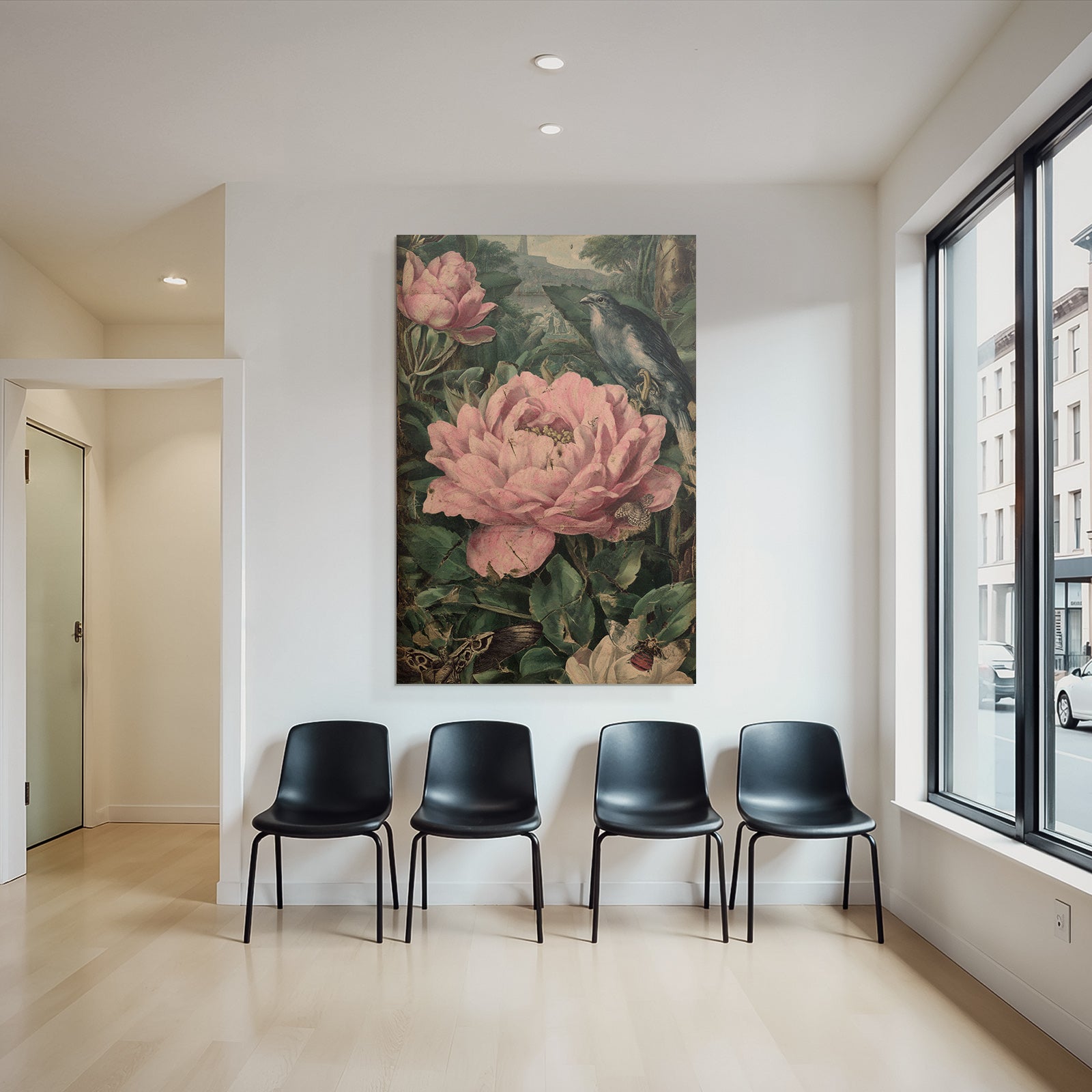 Vibrante Pink Blumen Und Insekten Mit Vogel Im Hintergrund