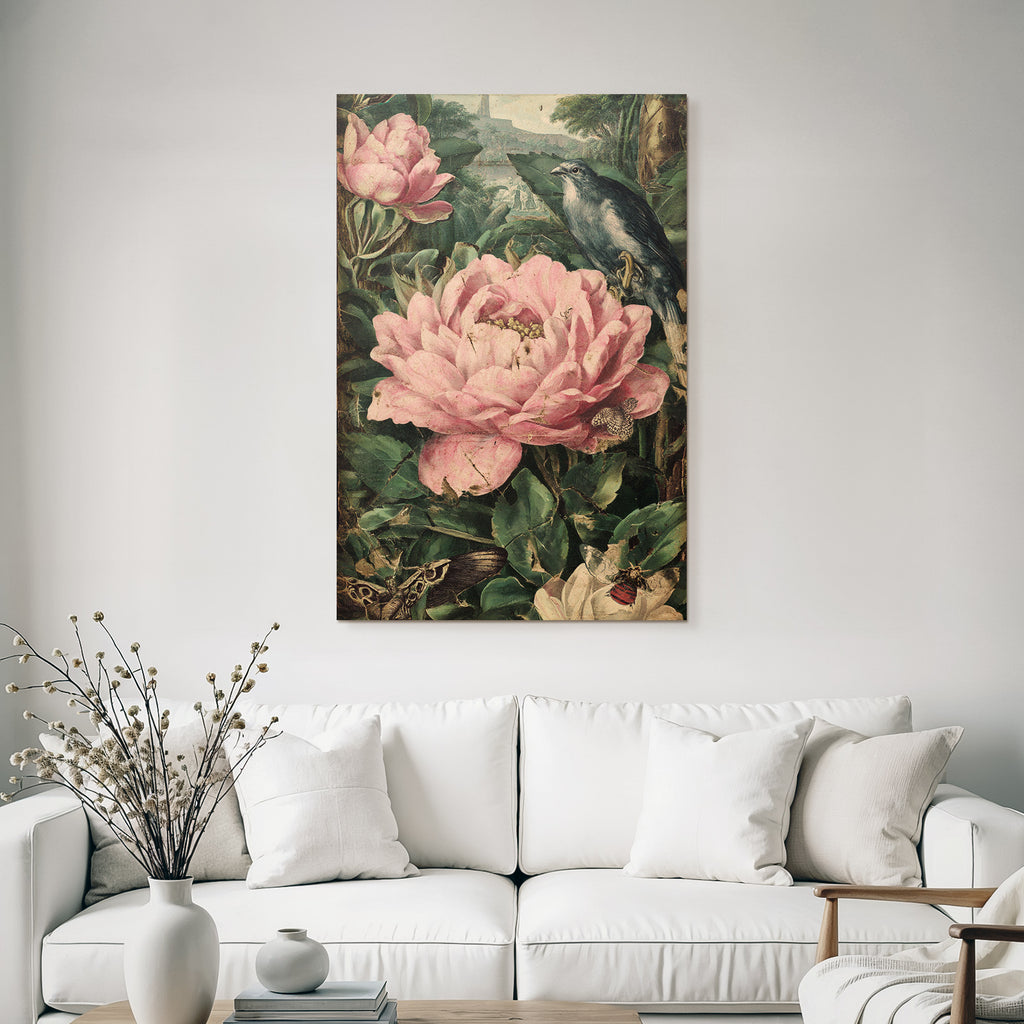 Vibrante Pink Blumen Und Insekten Mit Vogel Im Hintergrund