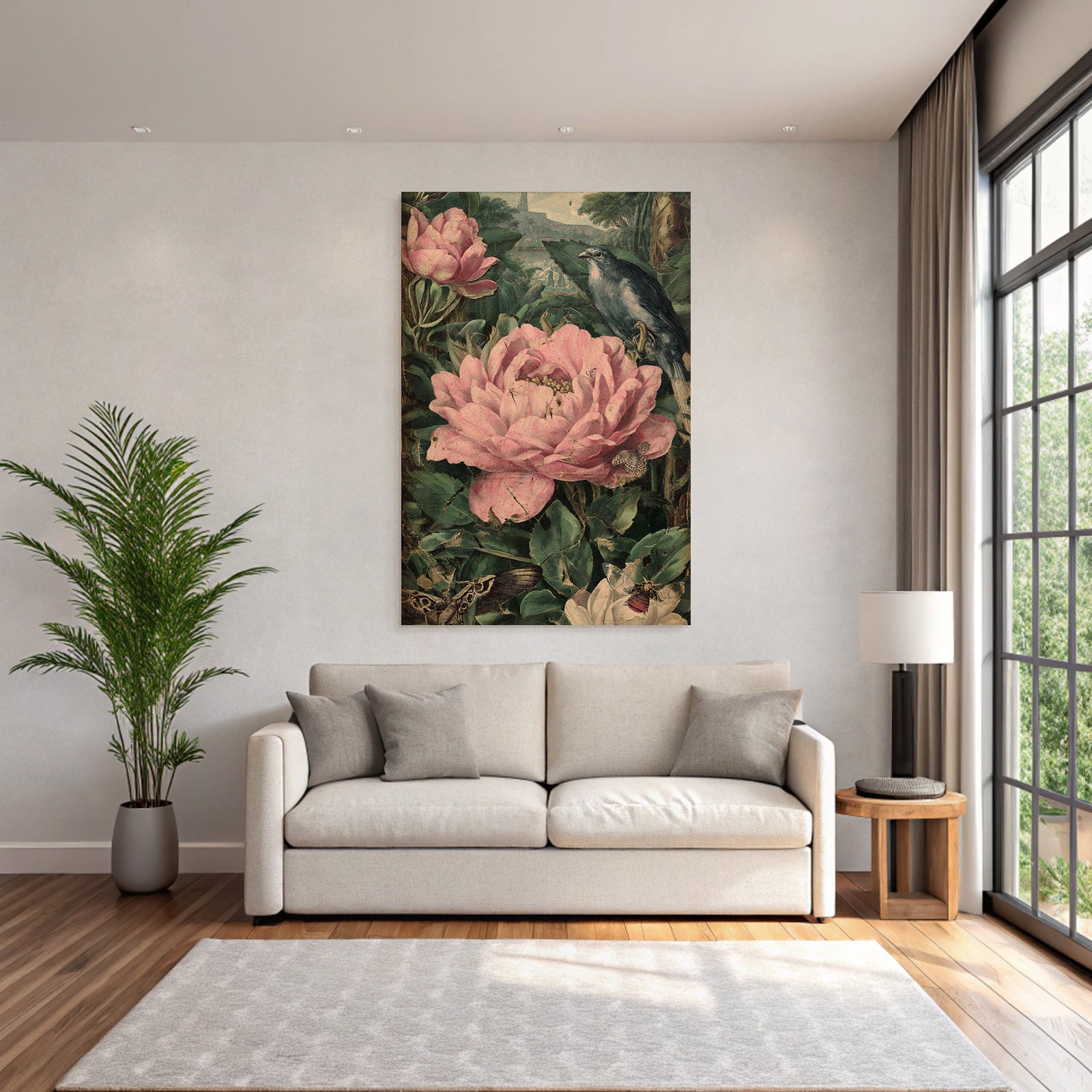 Vibrante Pink Blumen Und Insekten Mit Vogel Im Hintergrund