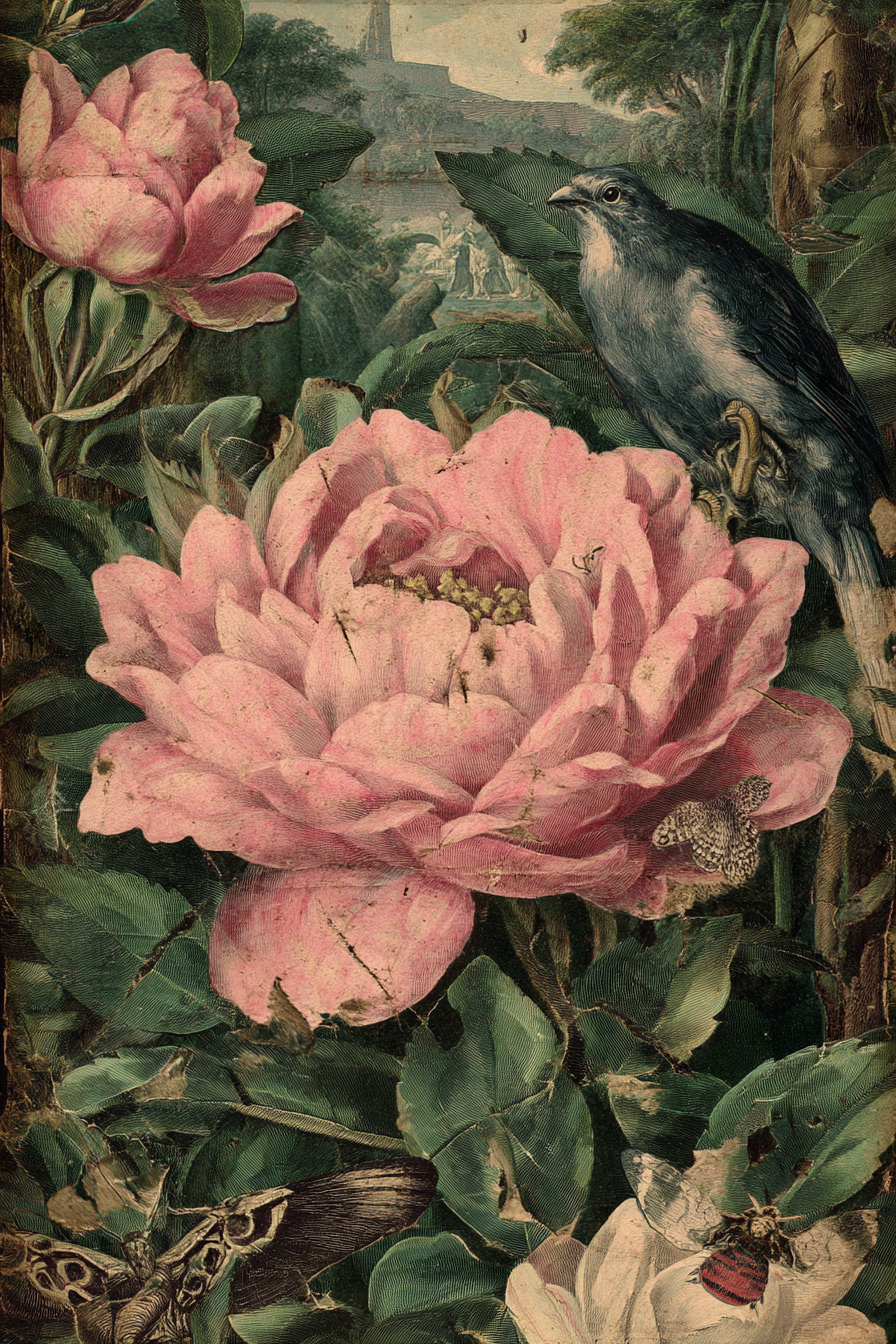 Vibrante Pink Blumen Und Insekten Mit Vogel Im Hintergrund | Collagen | Kunstgattungen