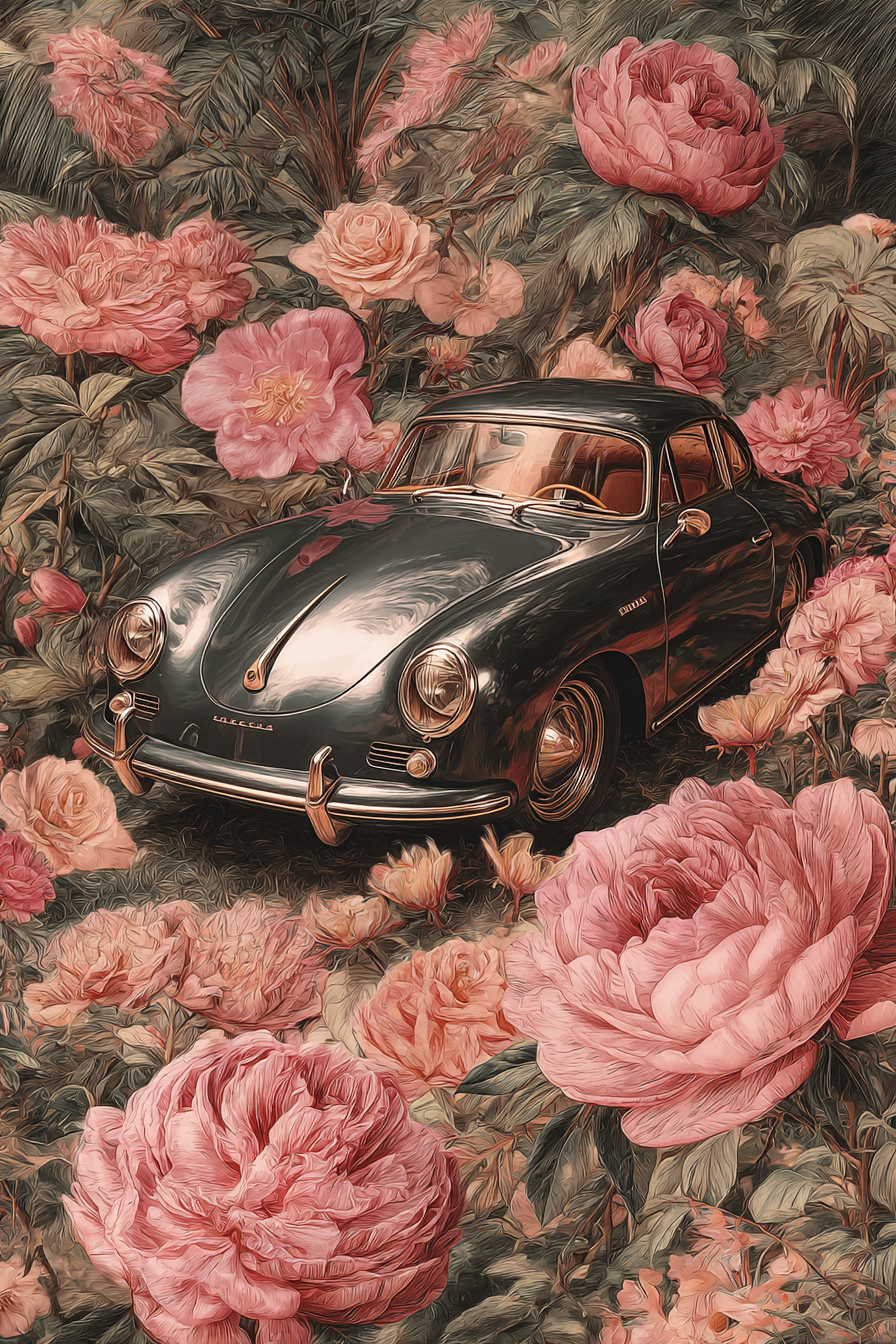 Vintage Auto Umgeben Von Pinken Paeonien | Collagen | Kunstgattungen