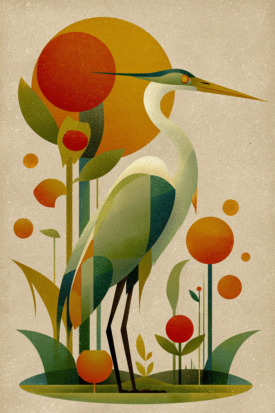 Vintage Heron Illustration Mit Abstrakten Pflanzen | Collagen | Kunstgattungen
