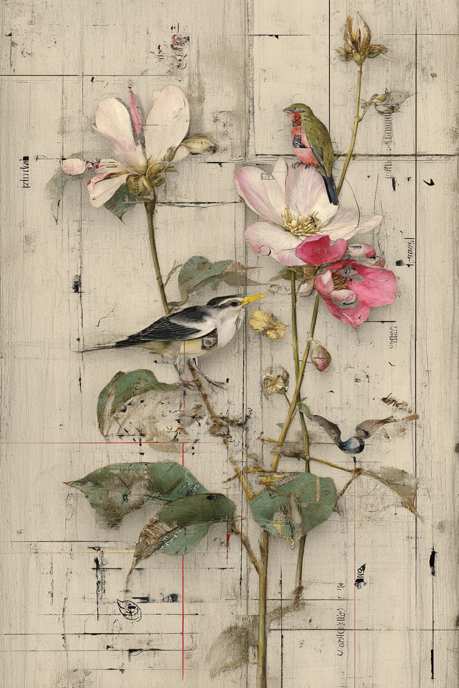 Vogel Und Blumen Kunst Auf Gealtertem Holz Harmonie Natur | Collagen | Kunstgattungen