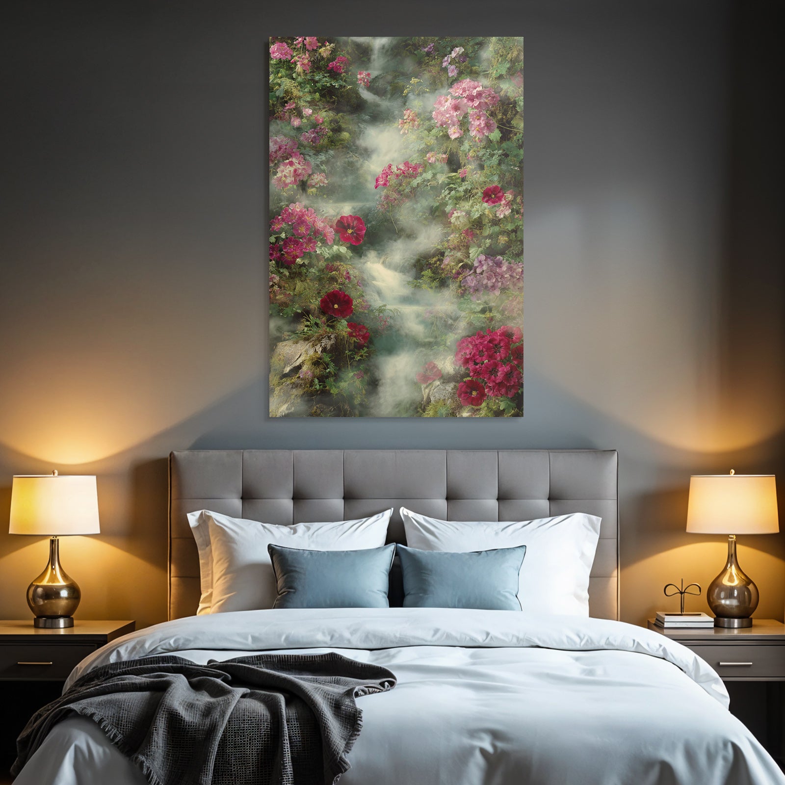 Wunderschoene Blumenlandschaft Mit Fluss Im Nebel