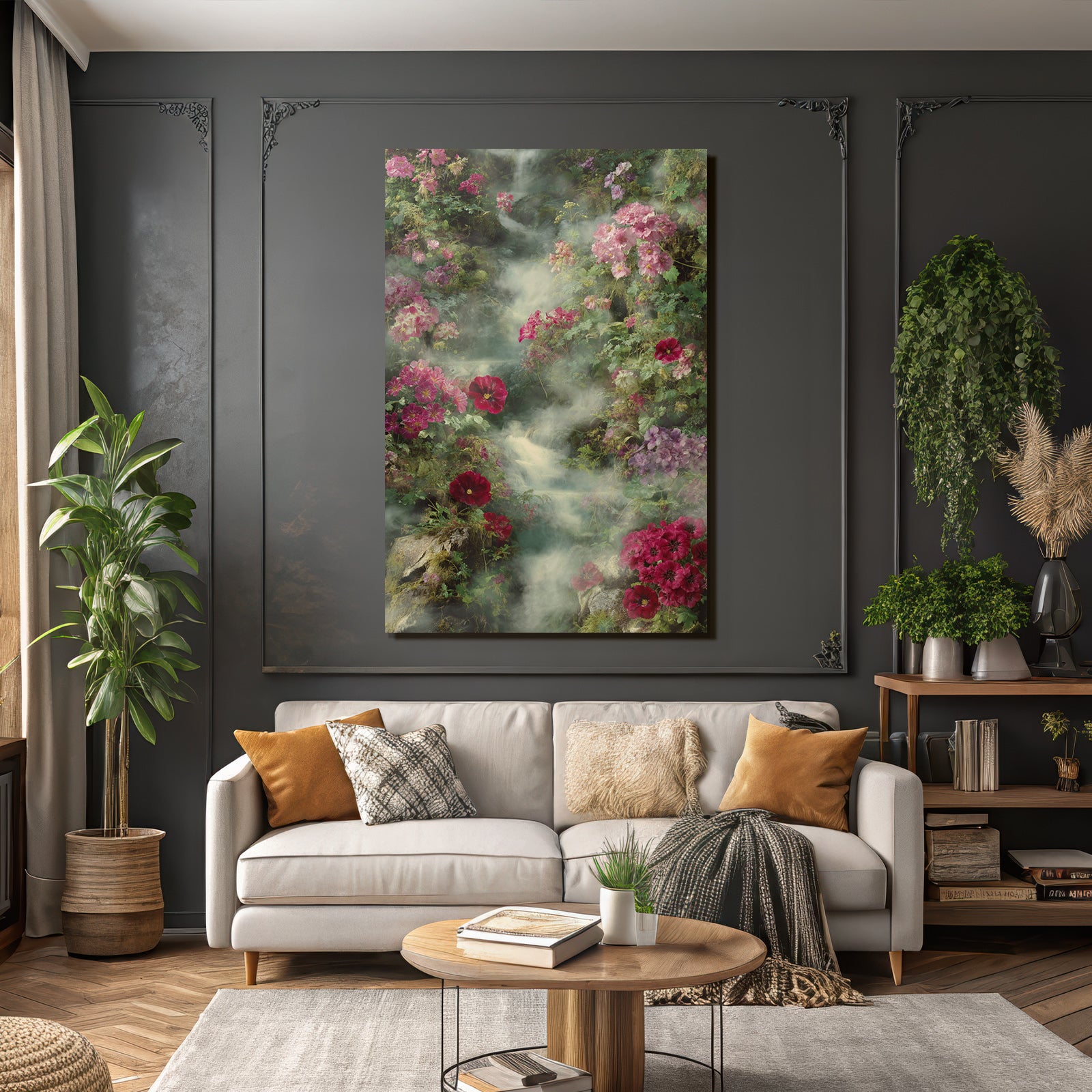 Wunderschoene Blumenlandschaft Mit Fluss Im Nebel