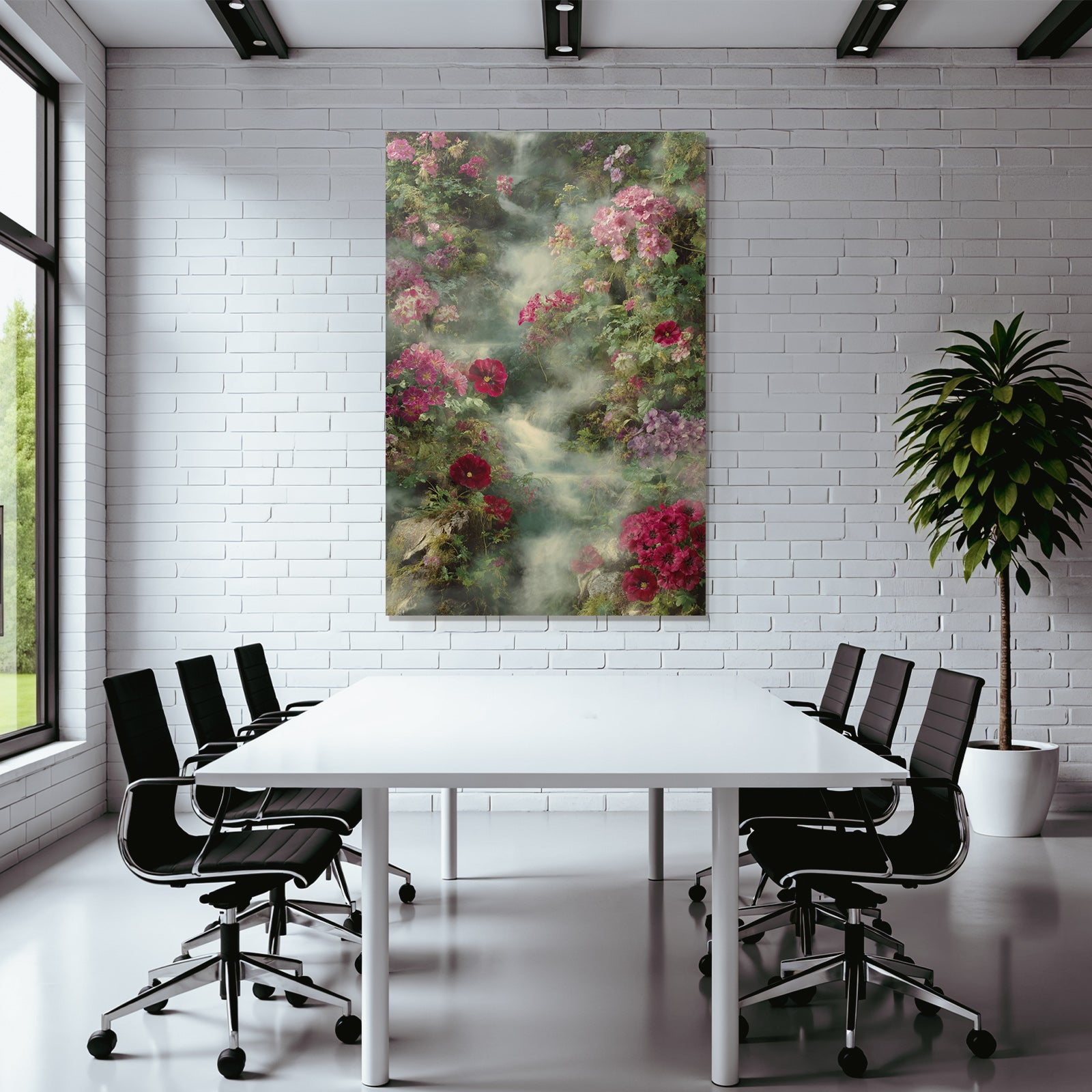Wunderschoene Blumenlandschaft Mit Fluss Im Nebel