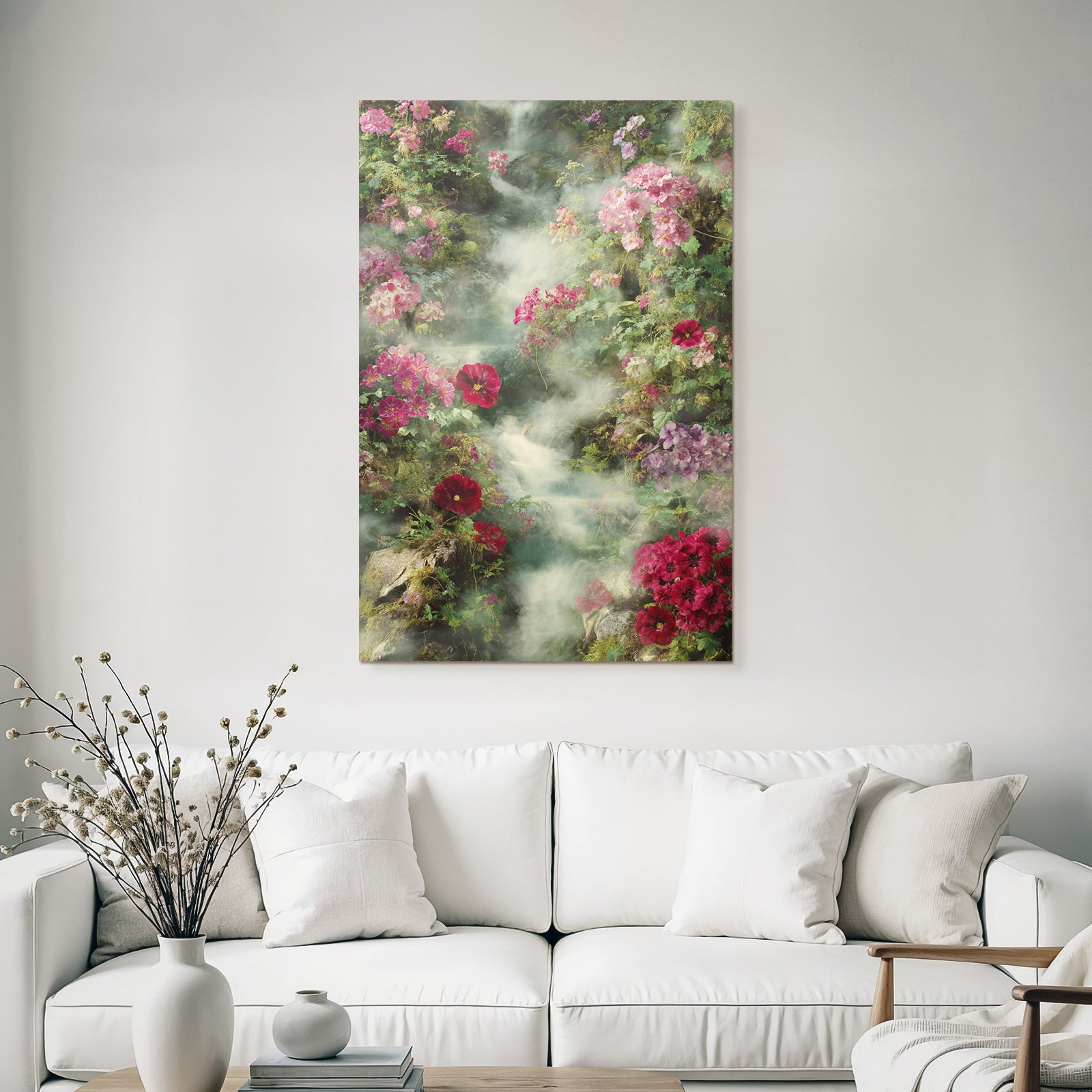 Wunderschoene Blumenlandschaft Mit Fluss Im Nebel