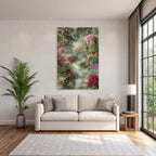 Wunderschoene Blumenlandschaft Mit Fluss Im Nebel
