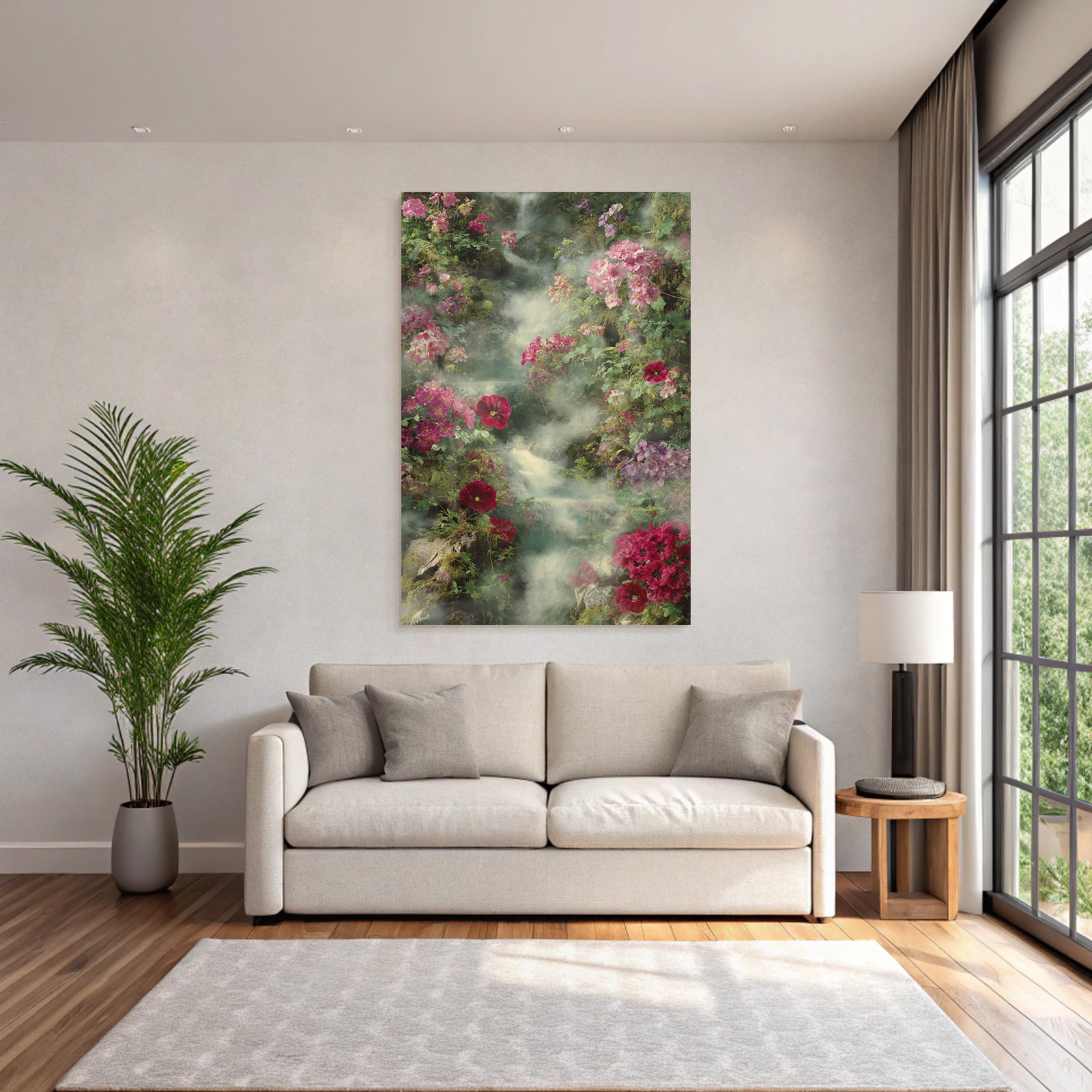 Wunderschoene Blumenlandschaft Mit Fluss Im Nebel