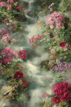 Wunderschoene Blumenlandschaft Mit Fluss Im Nebel | Collagen | Kunstgattungen