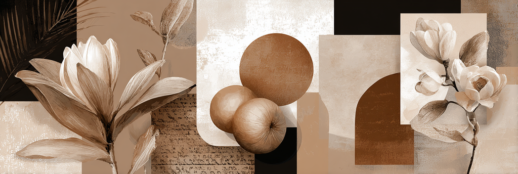 Abstracte Zusammensetzung Blumen Geometrische Formen Farbpalette Braun Creme Weiss | Collagen | Kunstgattungen