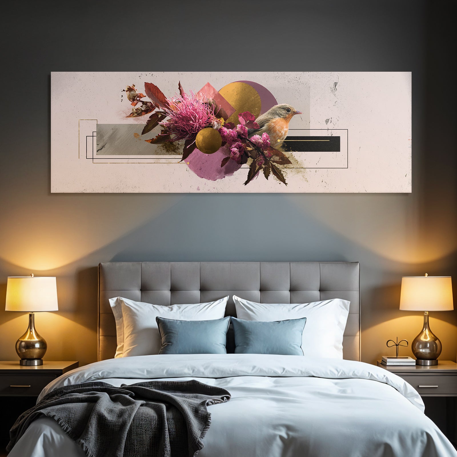 Abstrakte Blumen Geometrische Muster Und Vogel Kunstwerk