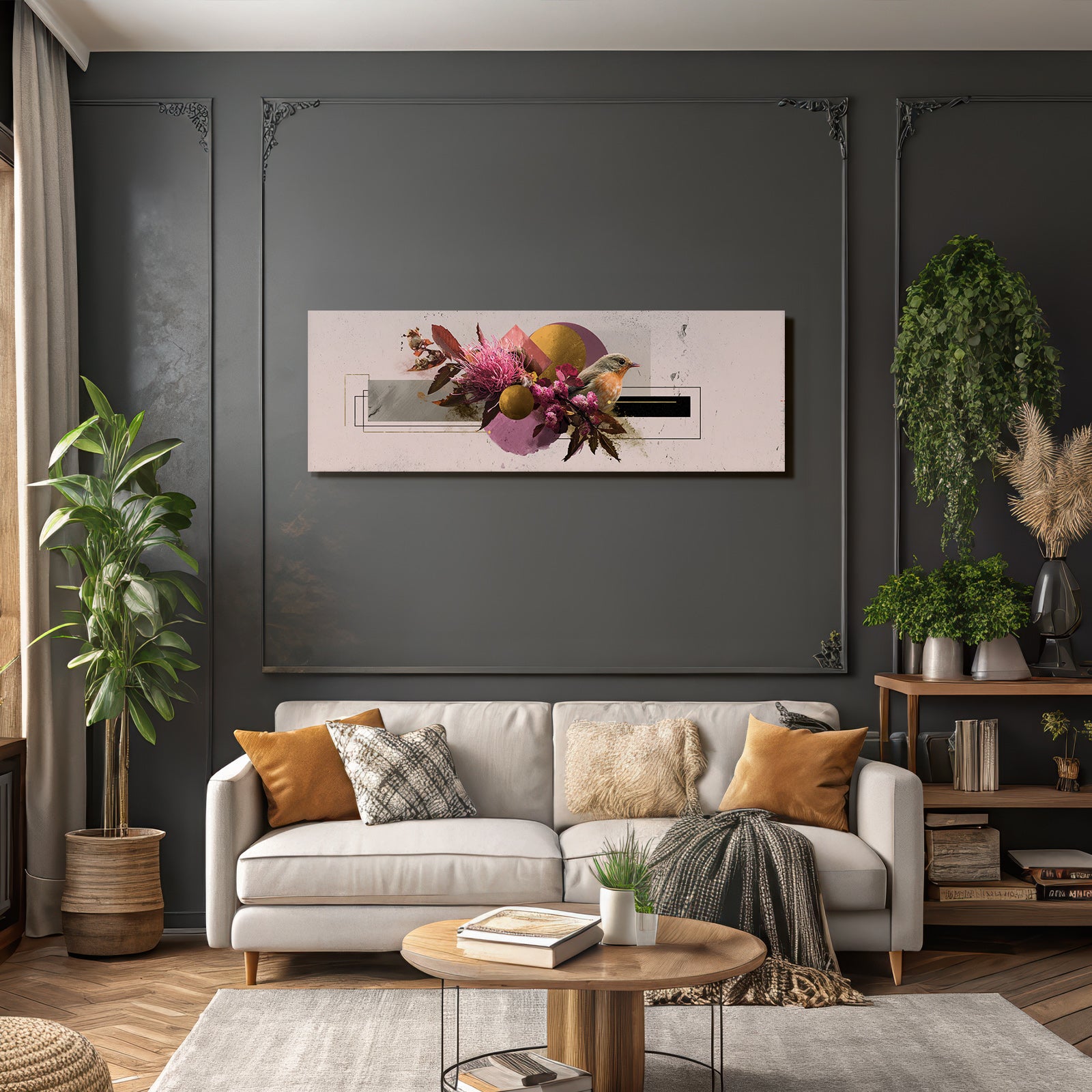 Abstrakte Blumen Geometrische Muster Und Vogel Kunstwerk