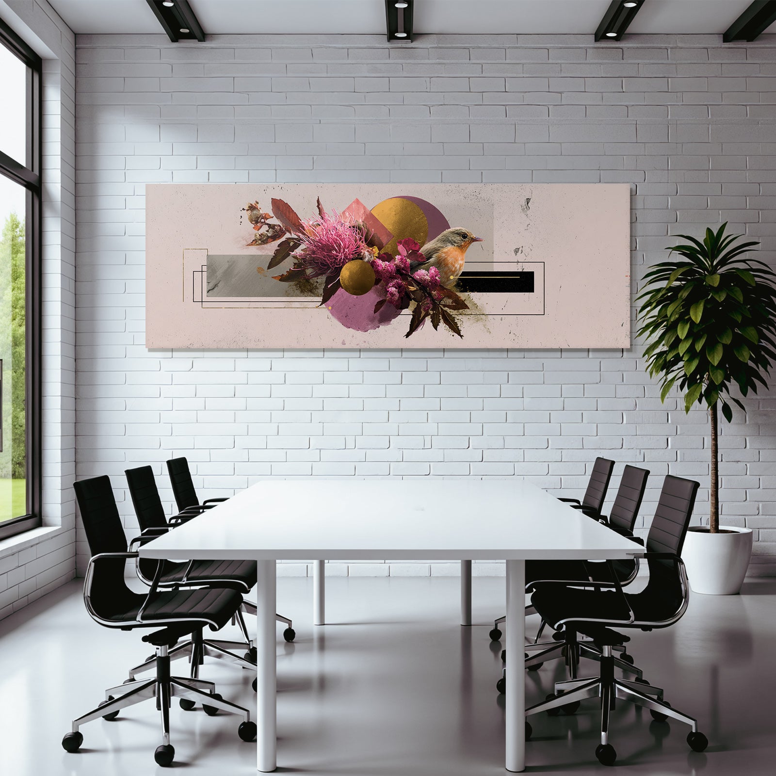 Abstrakte Blumen Geometrische Muster Und Vogel Kunstwerk