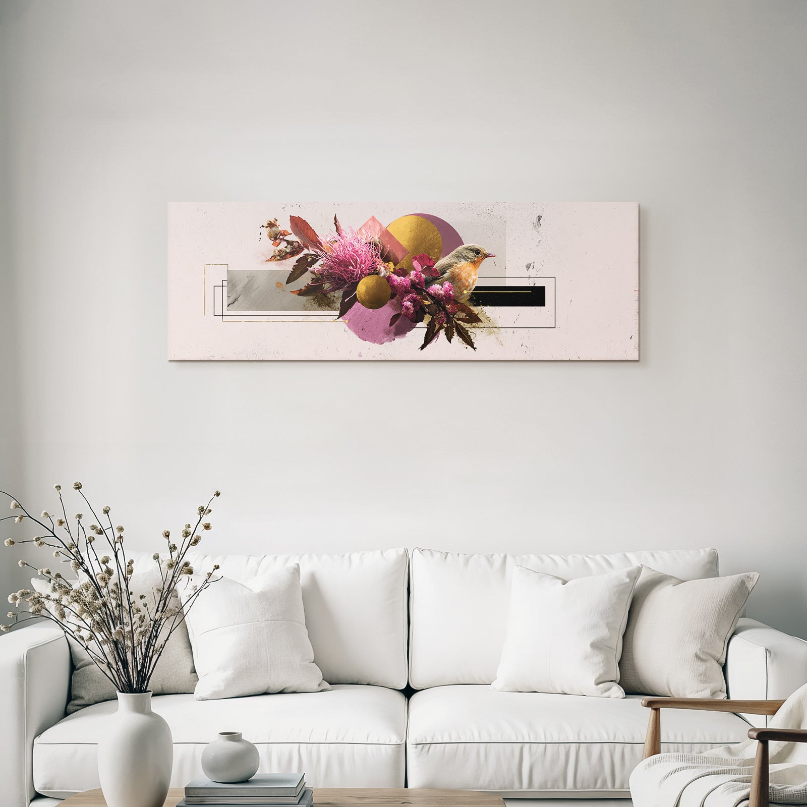 Abstrakte Blumen Geometrische Muster Und Vogel Kunstwerk