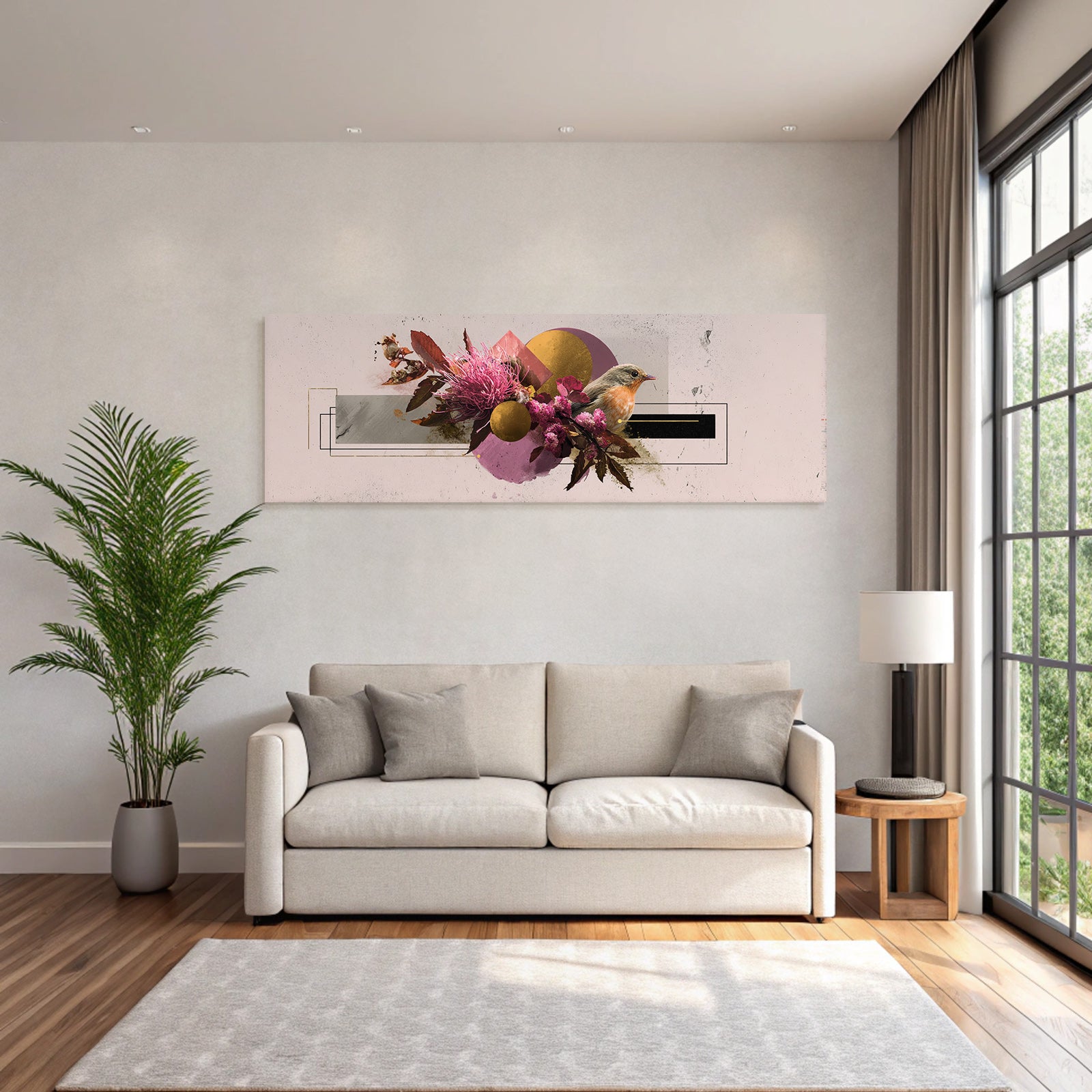 Abstrakte Blumen Geometrische Muster Und Vogel Kunstwerk