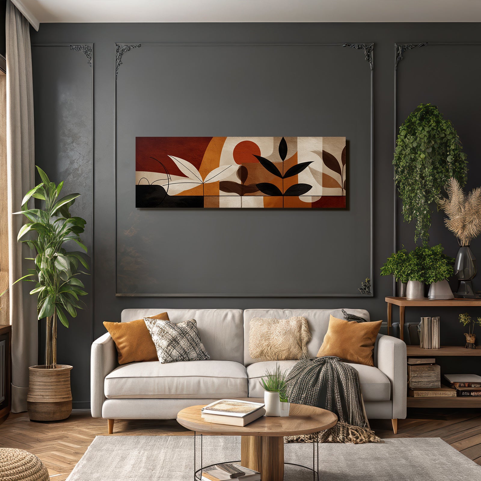 Abstrakte Kunst Blattmotiv Erdtoene Rot Braun Creme