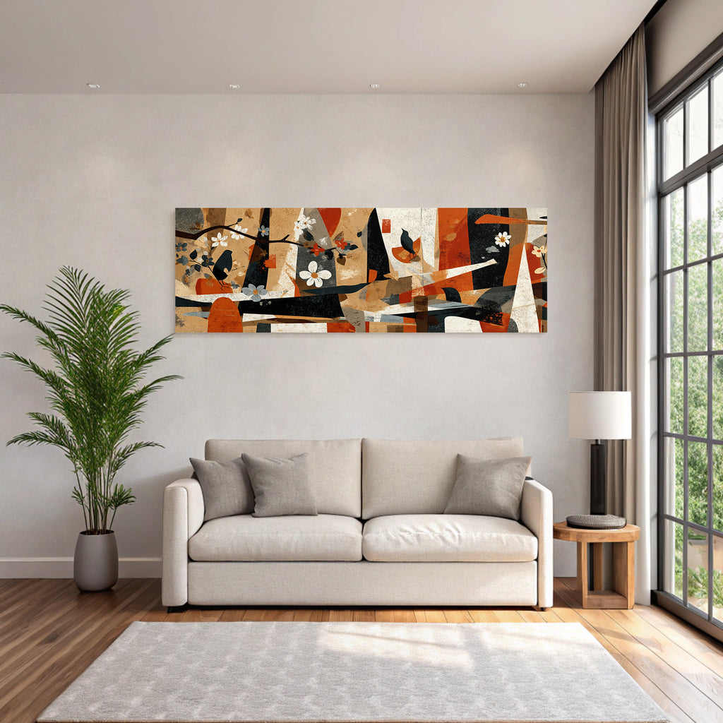 Abstrakte Naturillustration Mit Voegeln Blumen Und Zweigen