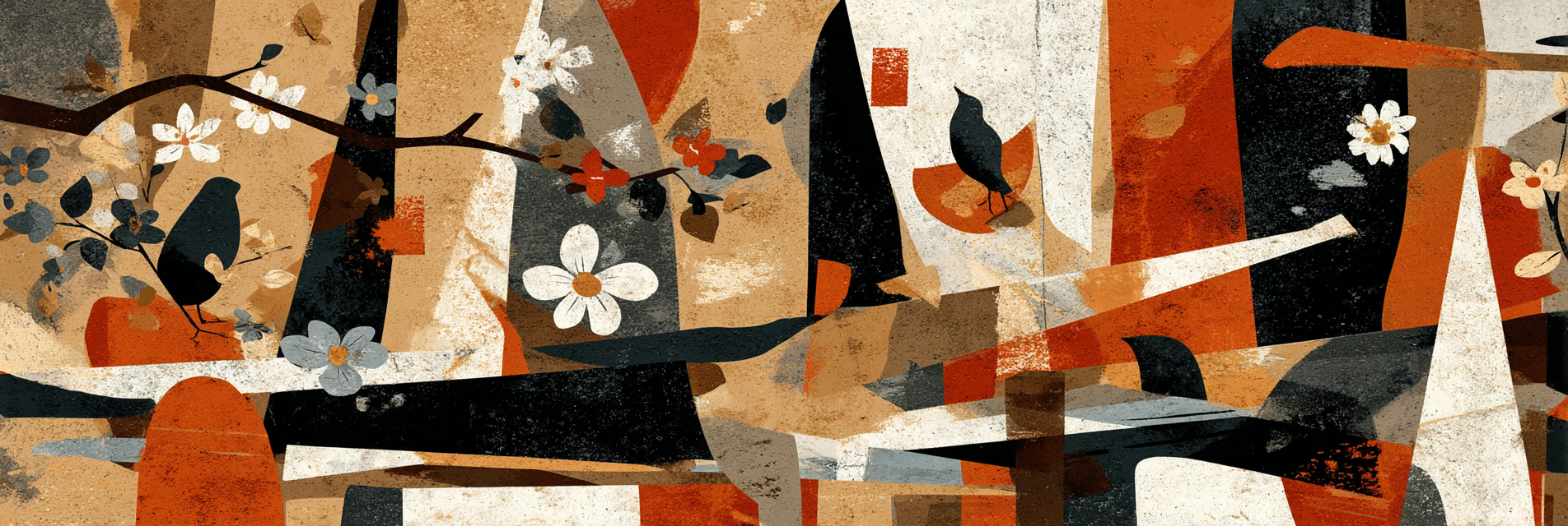 Abstrakte Naturillustration Mit Voegeln Blumen Und Zweigen | Collagen | Kunstgattungen