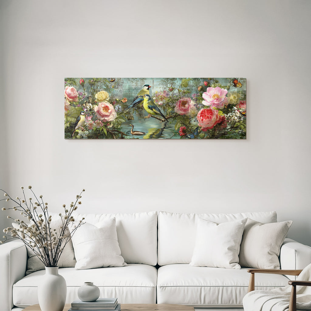 Blumen Und Vogel Im Garten Harmonisches Bild