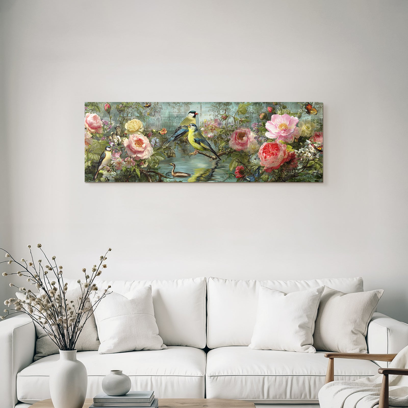 Blumen Und Vogel Im Garten Harmonisches Bild