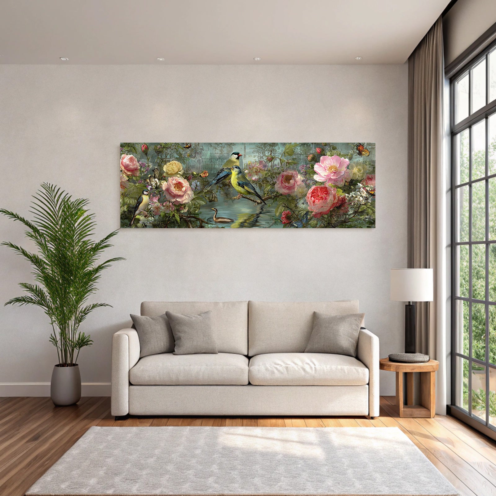 Blumen Und Vogel Im Garten Harmonisches Bild