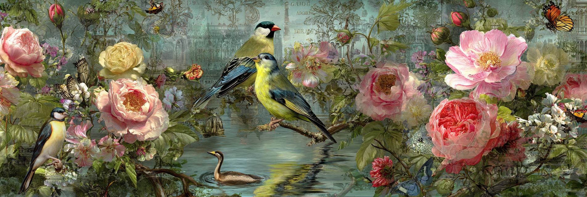 Blumen Und Vogel Im Garten Harmonisches Bild | Collagen | Kunstgattungen