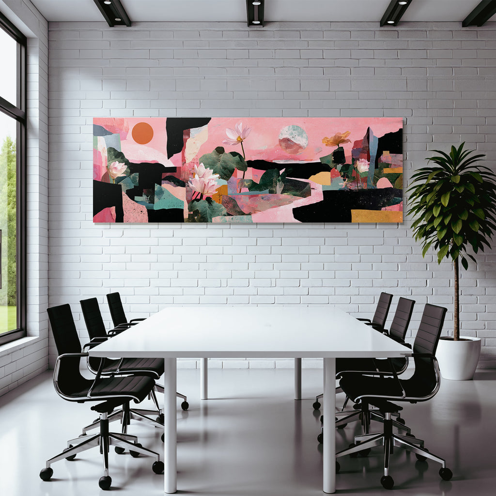 Bunte Collage Mit Lotusblumen Und Abstracten Formen Auf Rosa Hintergrund