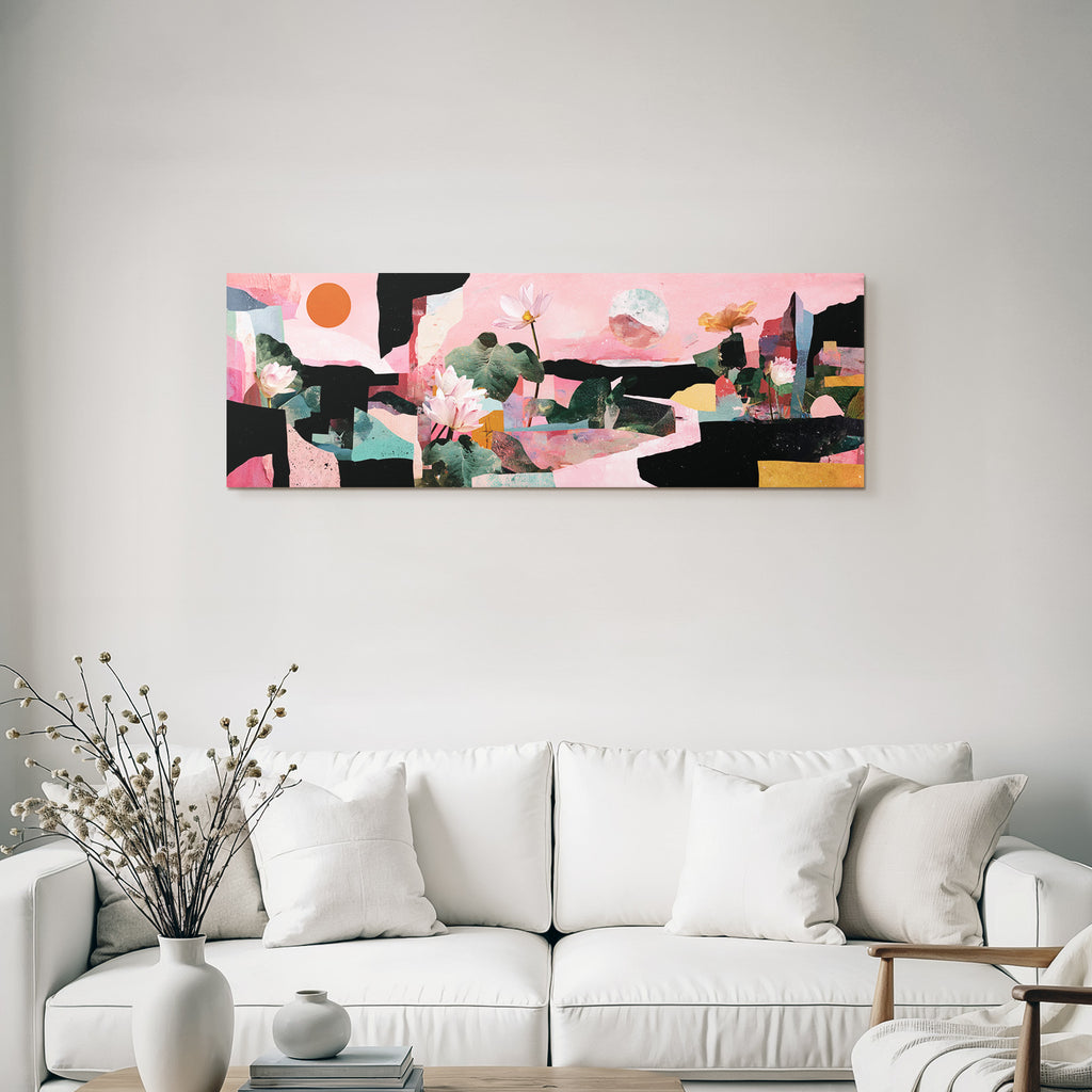 Bunte Collage Mit Lotusblumen Und Abstracten Formen Auf Rosa Hintergrund