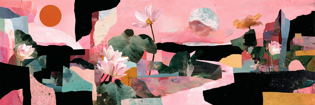 Bunte Collage Mit Lotusblumen Und Abstracten Formen Auf Rosa Hintergrund | Collagen | Kunstgattungen