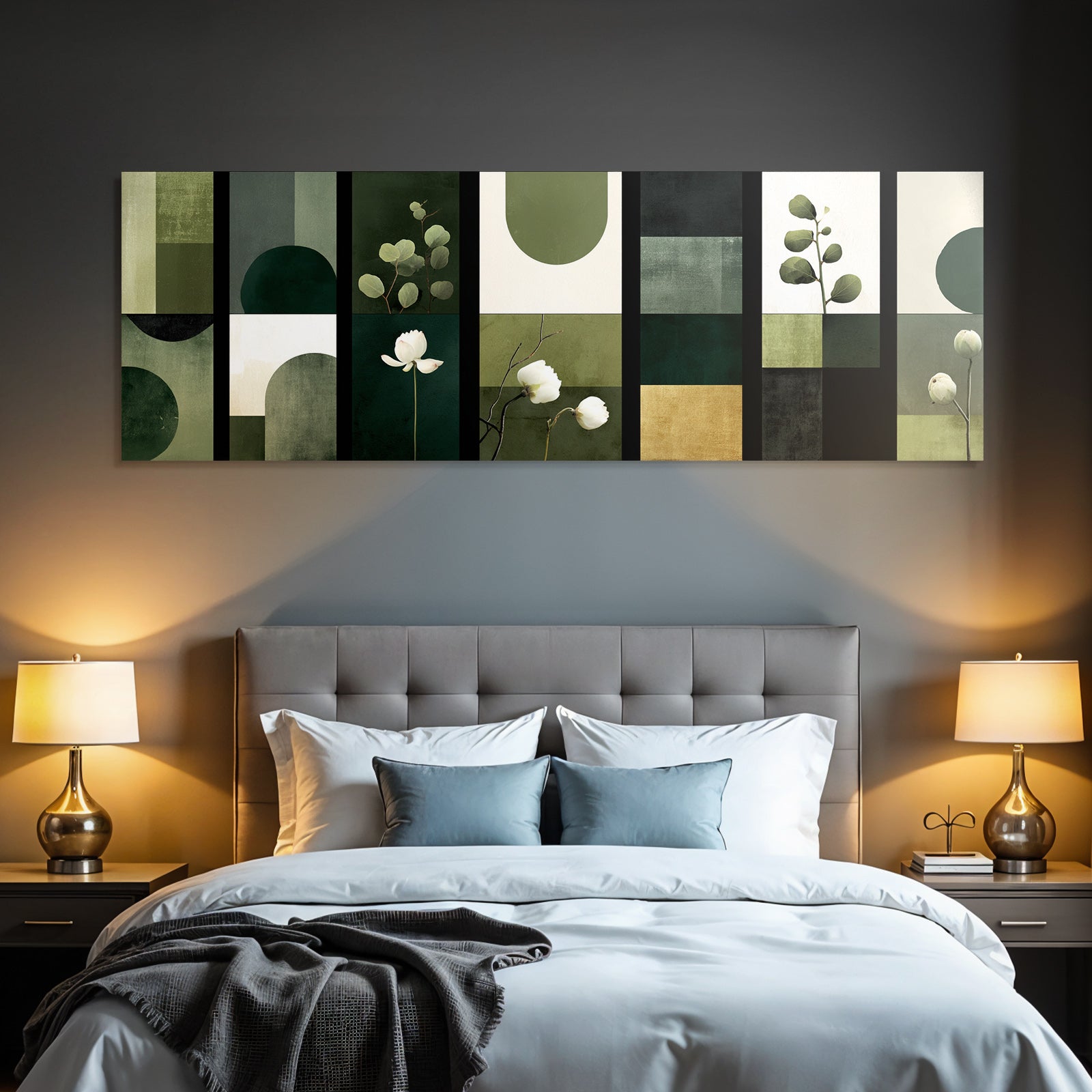 Geometrische Botanische Abstrakte Panels In Gruen Und Neutralen Tonen