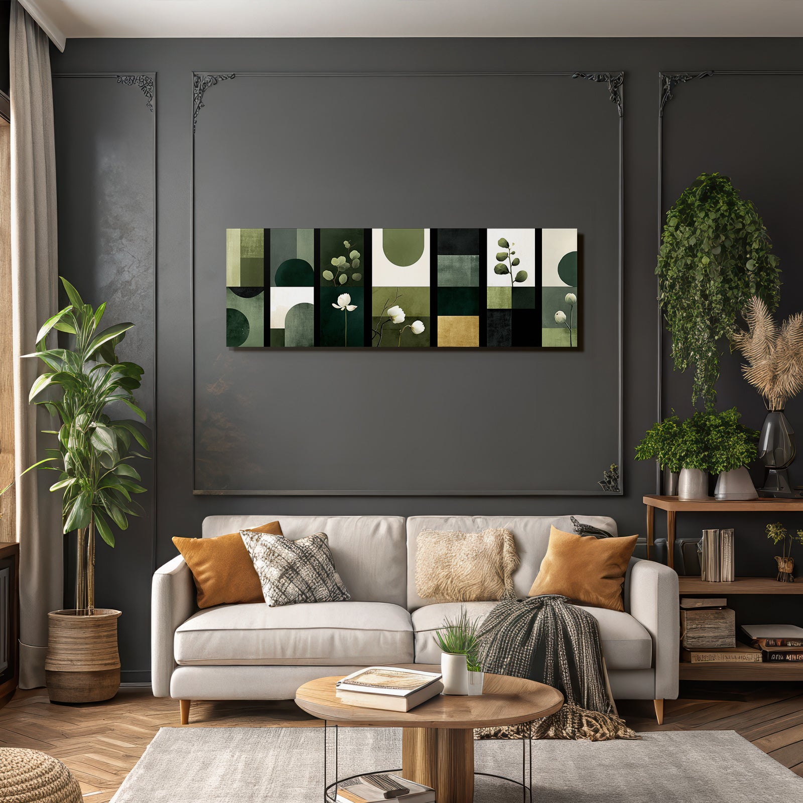 Geometrische Botanische Abstrakte Panels In Gruen Und Neutralen Tonen