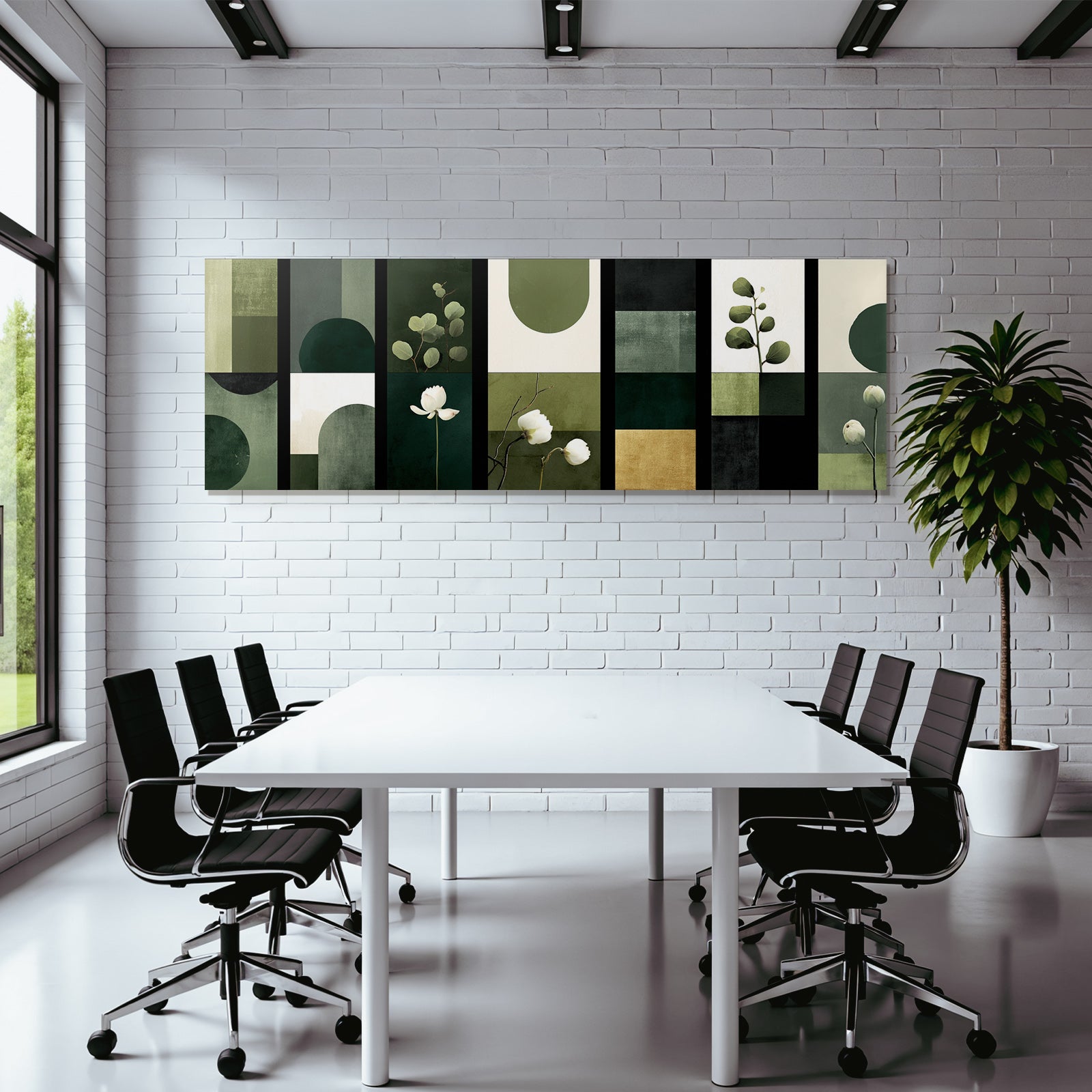 Geometrische Botanische Abstrakte Panels In Gruen Und Neutralen Tonen