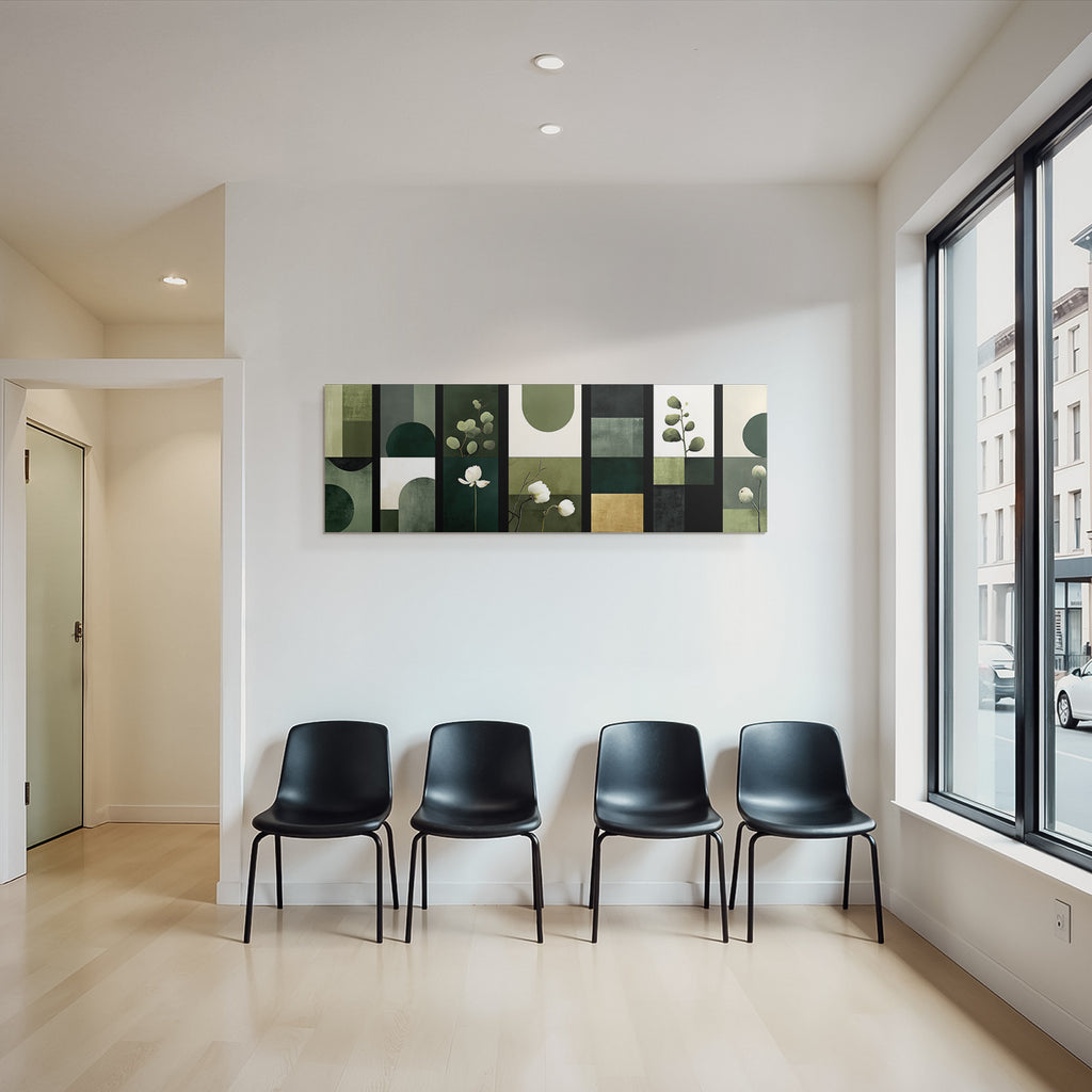 Geometrische Botanische Abstrakte Panels In Gruen Und Neutralen Tonen