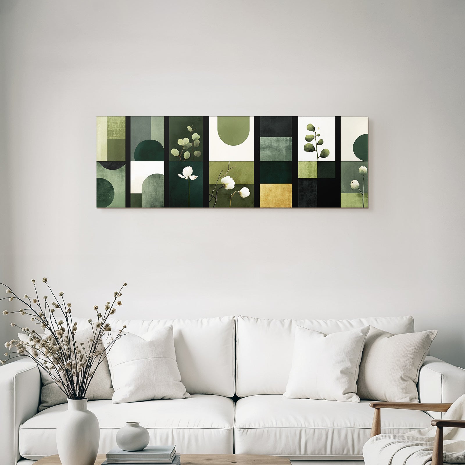 Geometrische Botanische Abstrakte Panels In Gruen Und Neutralen Tonen