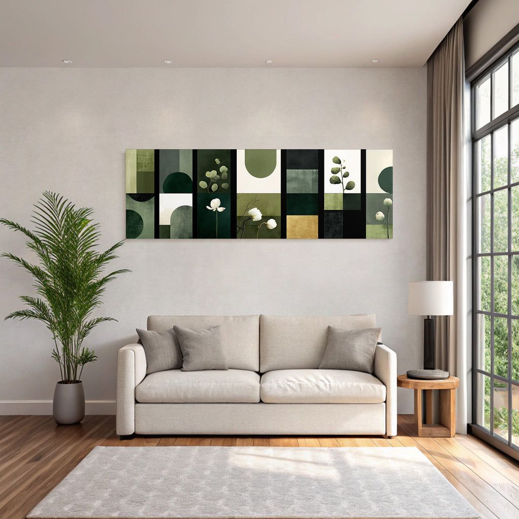 Geometrische Botanische Abstrakte Panels In Gruen Und Neutralen Tonen