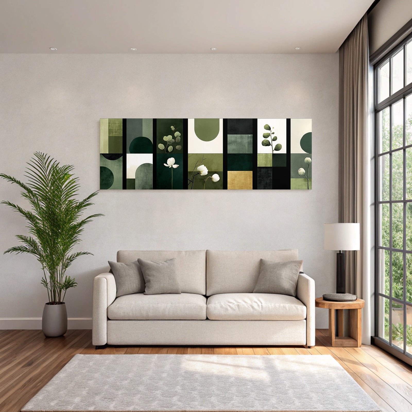 Geometrische Botanische Abstrakte Panels In Gruen Und Neutralen Tonen