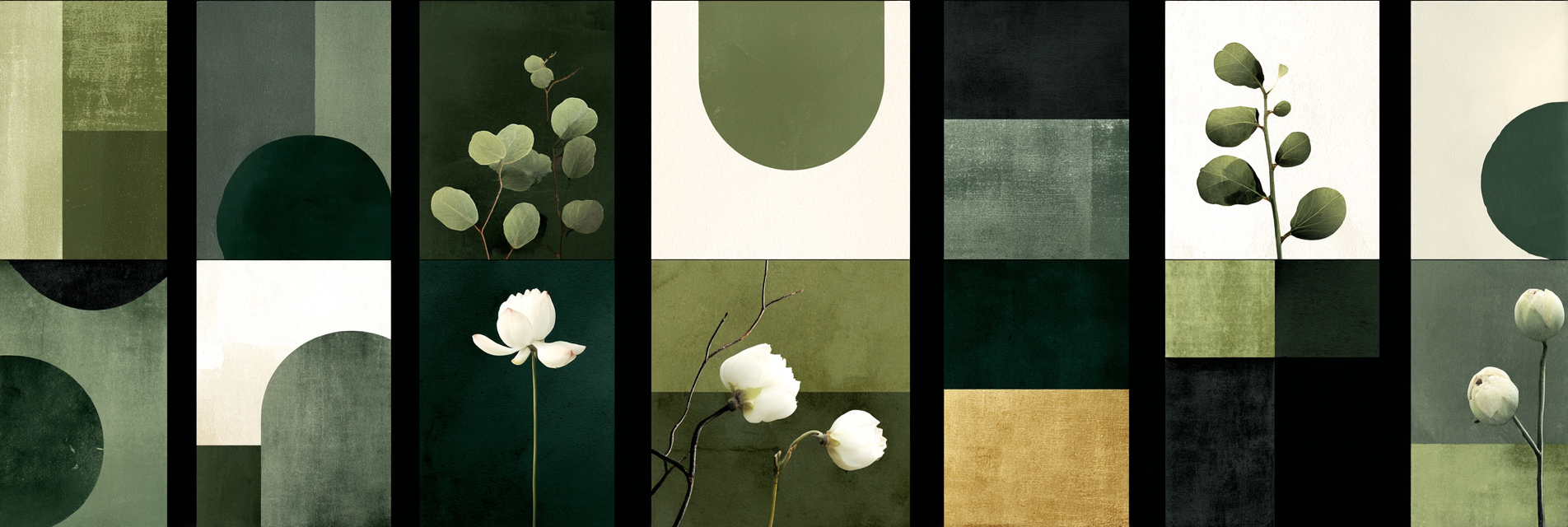 Geometrische Botanische Abstrakte Panels In Gruen Und Neutralen Tonen | Collagen | Kunstgattungen