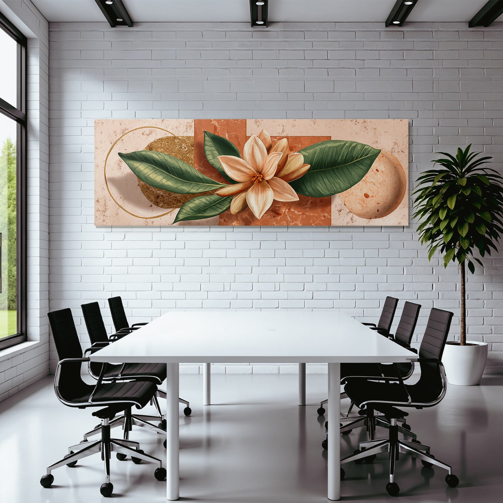 Grosse Blume Mit Cremigen Petalen Und Geometrischen Formen In Erden Tonen