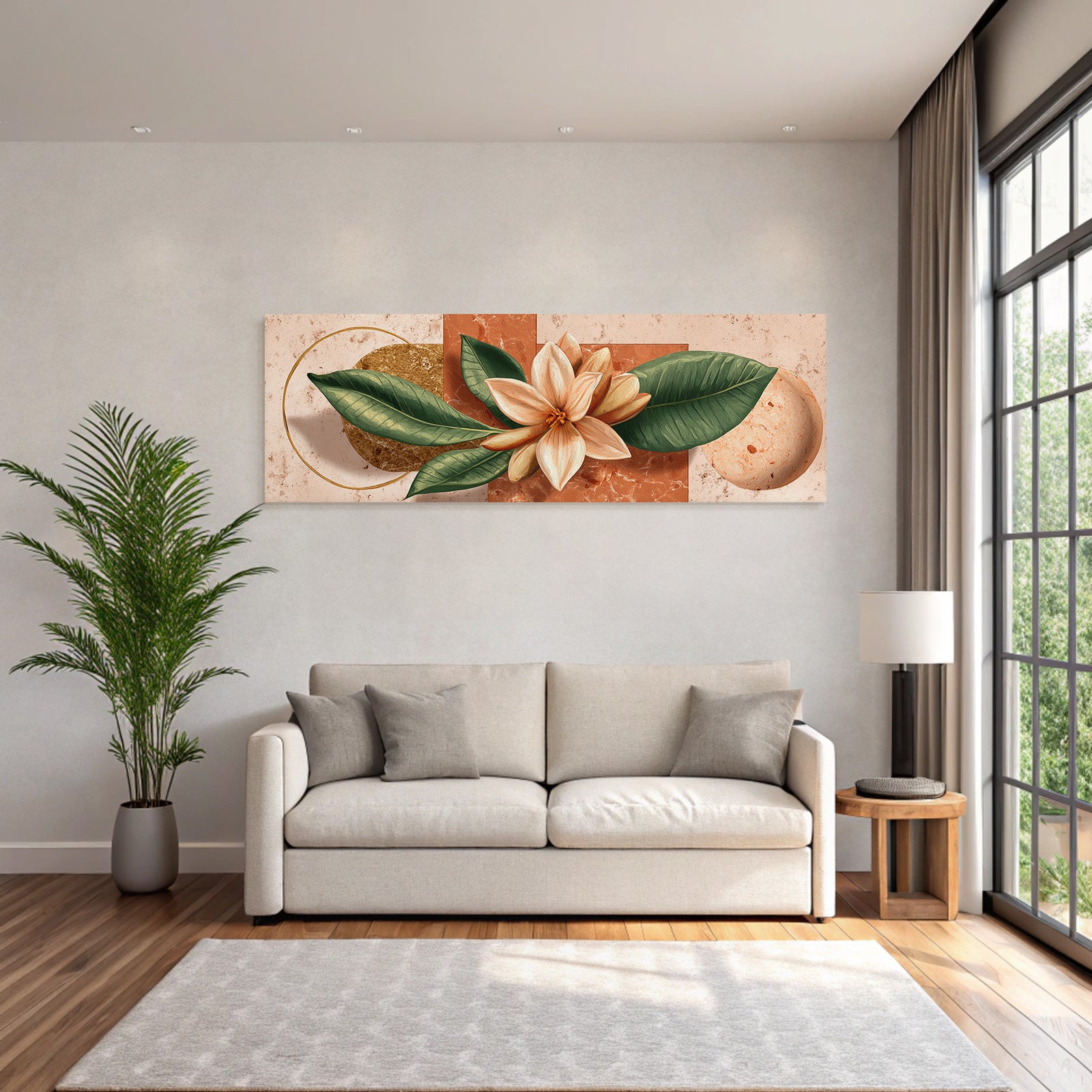 Grosse Blume Mit Cremigen Petalen Und Geometrischen Formen In Erden Tonen