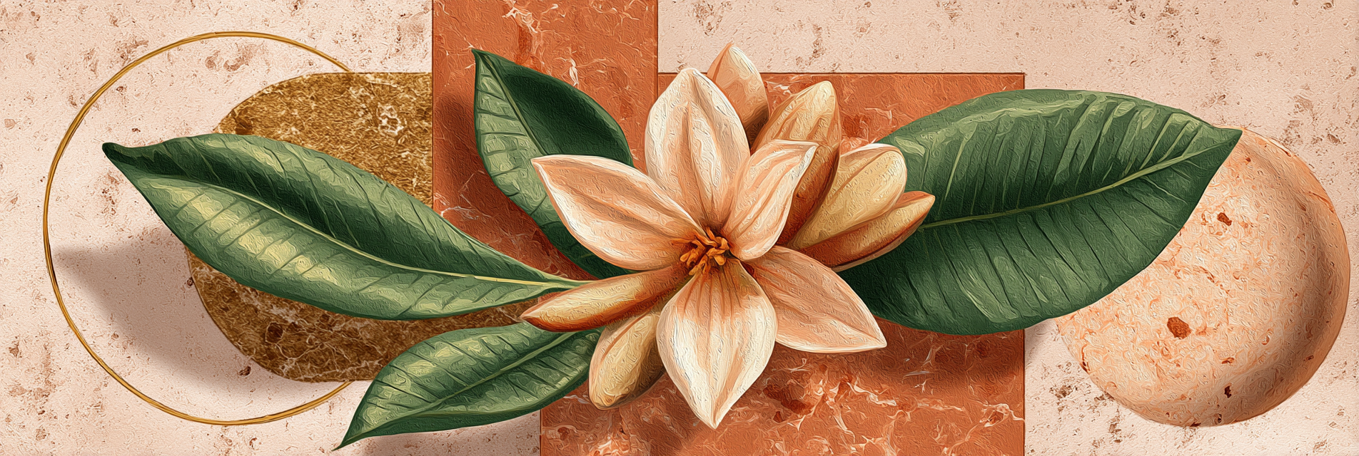 Grosse Blume Mit Cremigen Petalen Und Geometrischen Formen In Erden Tonen | Collagen | Kunstgattungen