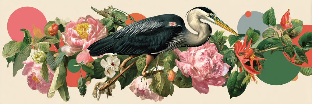 Heron Zwischen Blumen Mit Abstraktem Hintergrund Kunstwerk | Collagen | Kunstgattungen