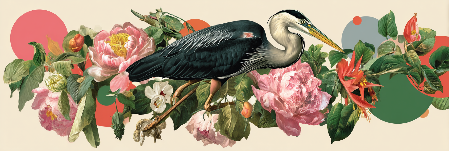 Heron Zwischen Blumen Mit Abstraktem Hintergrund Kunstwerk | Collagen | Kunstgattungen