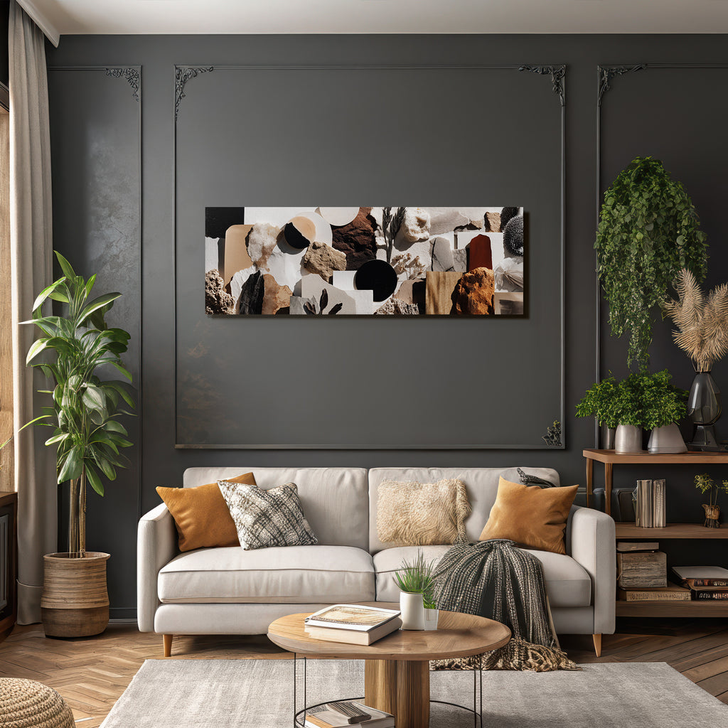Kuenstlerisches Collage Erdtoene Schwarz Weiss Natur Materialien