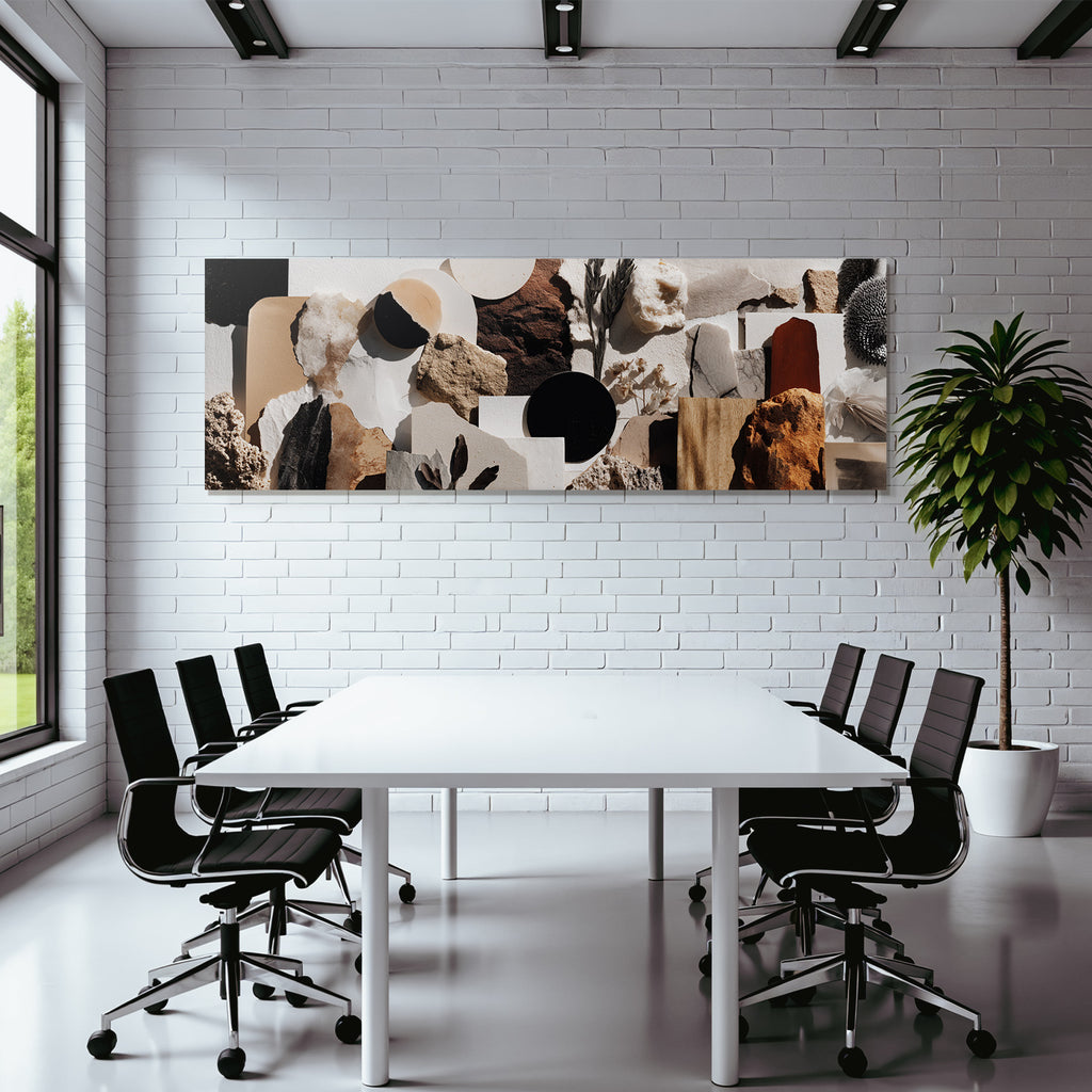 Kuenstlerisches Collage Erdtoene Schwarz Weiss Natur Materialien