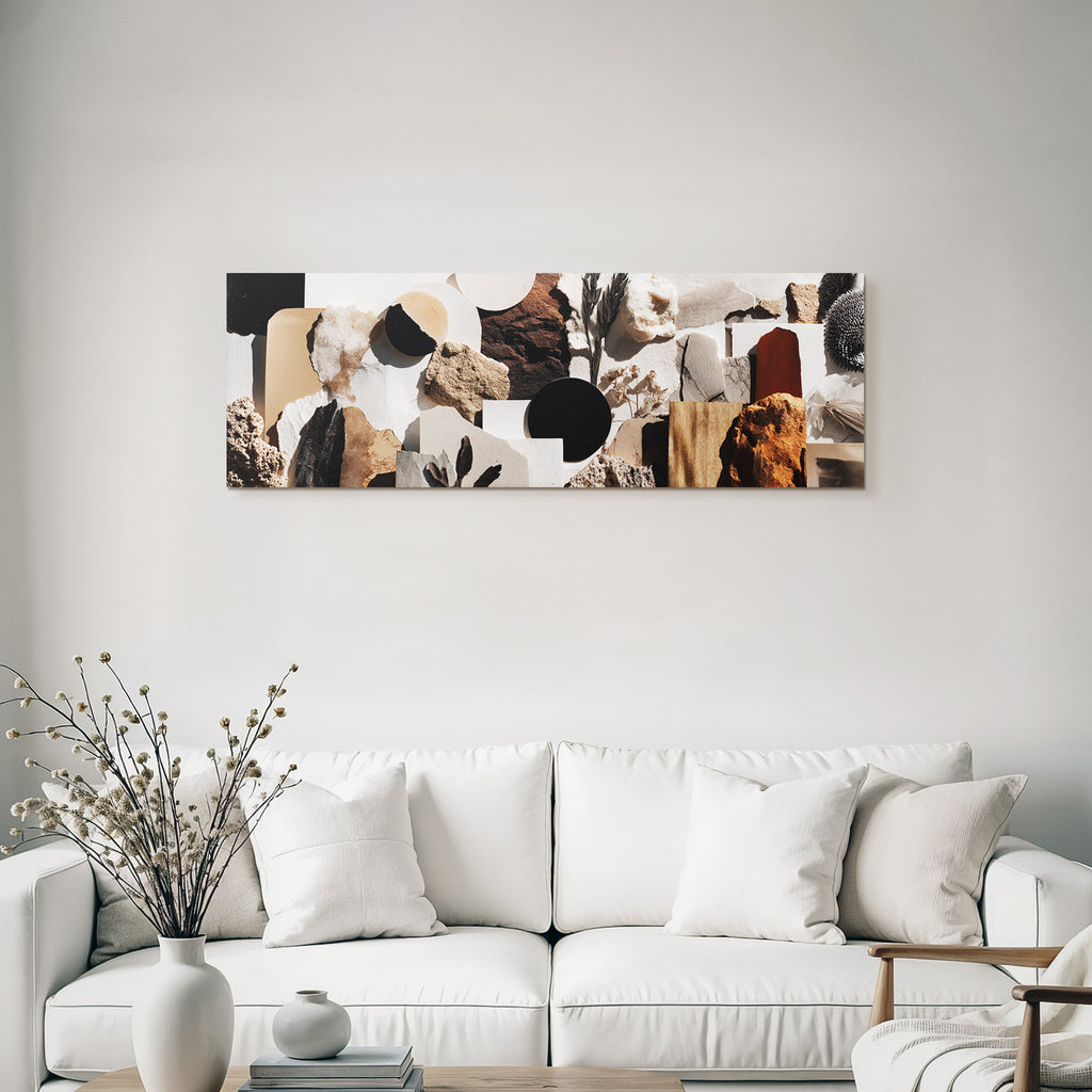 Kuenstlerisches Collage Erdtoene Schwarz Weiss Natur Materialien