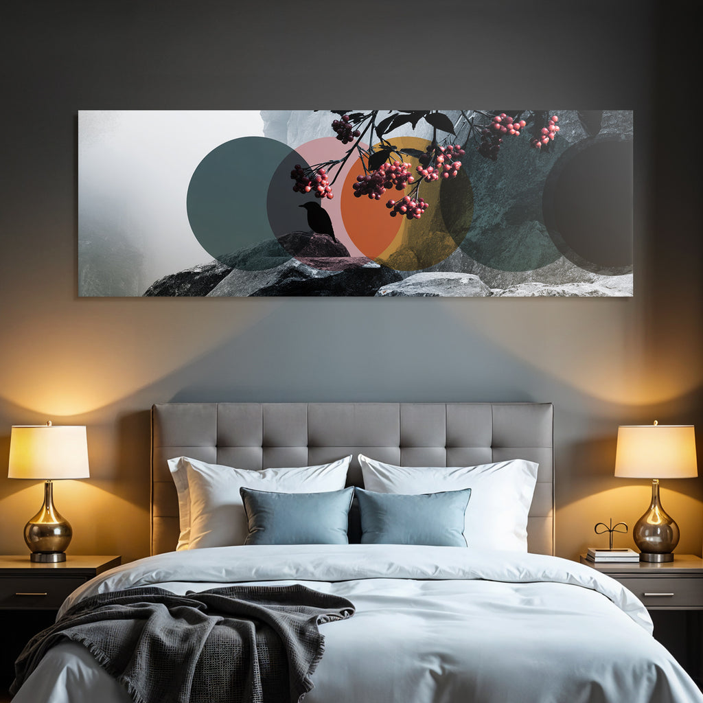Mistige Landschaft Und Abstrakte Kreise Vogel Silhouette