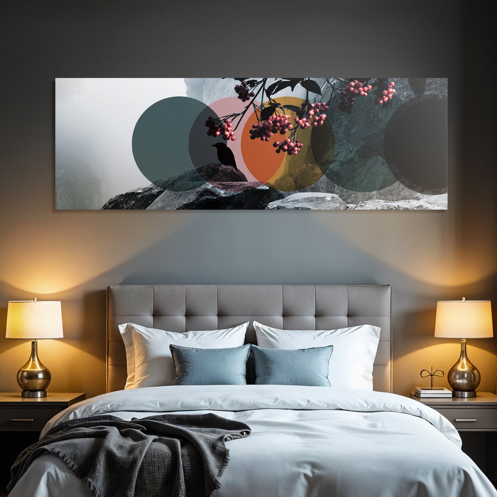 Mistige Landschaft Und Abstrakte Kreise Vogel Silhouette