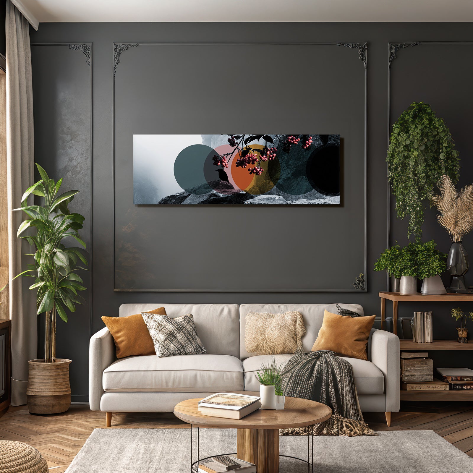 Mistige Landschaft Und Abstrakte Kreise Vogel Silhouette